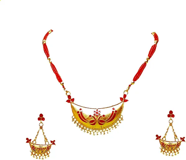 Assamese_Traditional_Gold_Plated_Red_Colour_Joonbiri_Tassel_Jewellery_Set_For_Women